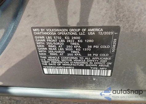 2024 Volkswagen Atlas 2.0T Se W/Technology из США, поврежденный, VIN 1V2WR2CA9RC548802